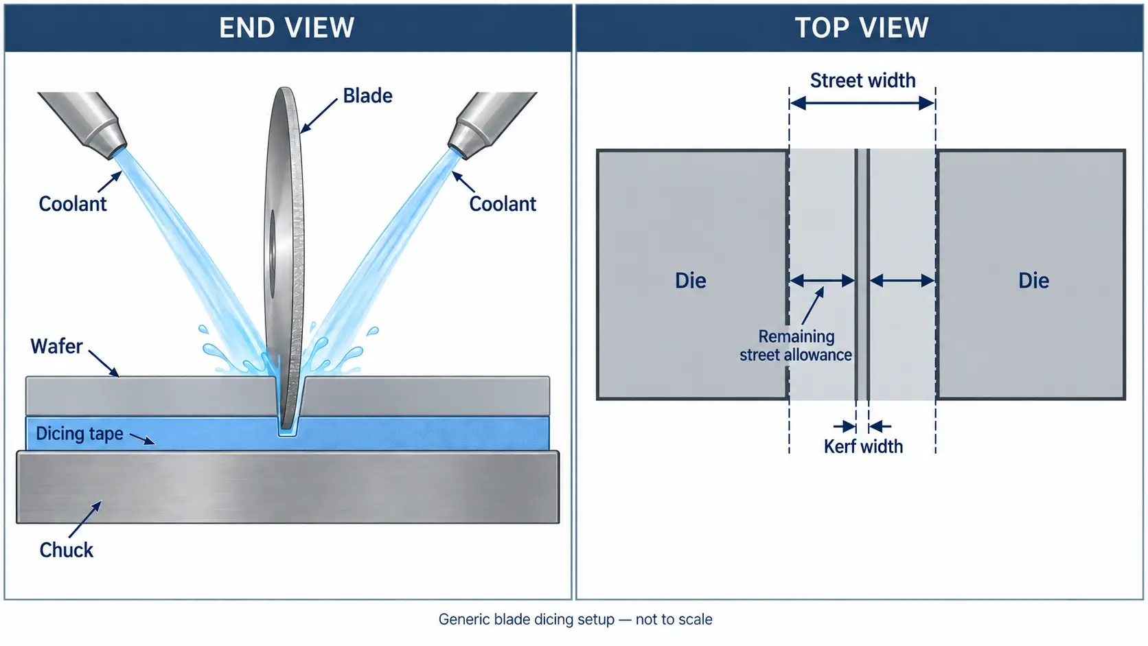 Blade dicing setup and street allowance